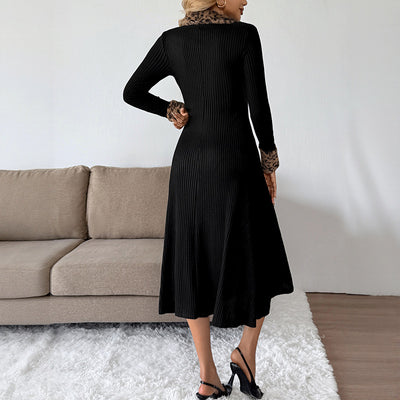 Slim Fit V-neck Leopard Print Stitching Long Sleeve Dress